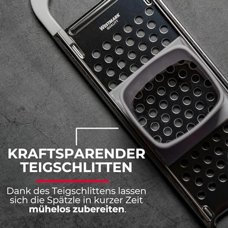 Westmark Spätzlehobel mit Teigschlitten, Spätzlereibe für Topfdurchmesser bis zu 24 cm, Rostfreier Edelstahl-Kunststoff, Knöpfle, Weiß-Silber, 61122270 – Bild 4