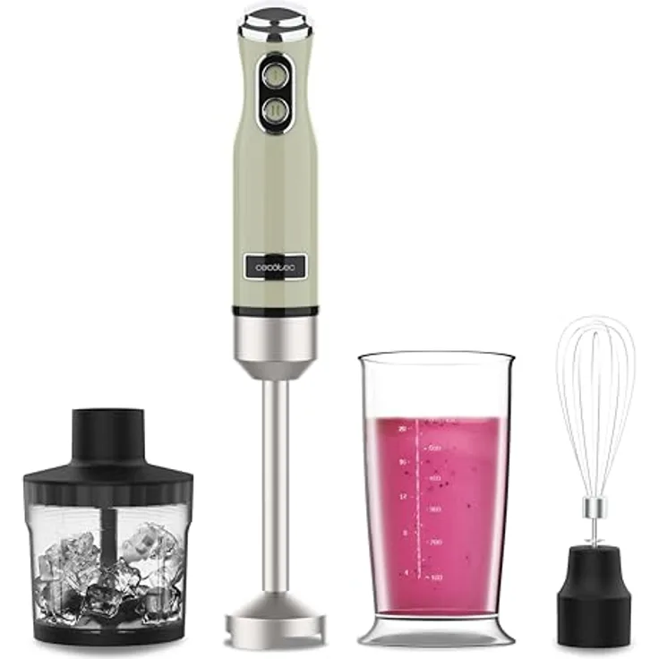 Cecotec Stabmixer Power RetroGreen 1200MAX, 1200 W, CrossBlades-Technologie, 2 Geschwindigkeiten, Zubehörset spülmaschinenfest, Spritzschutzhaube