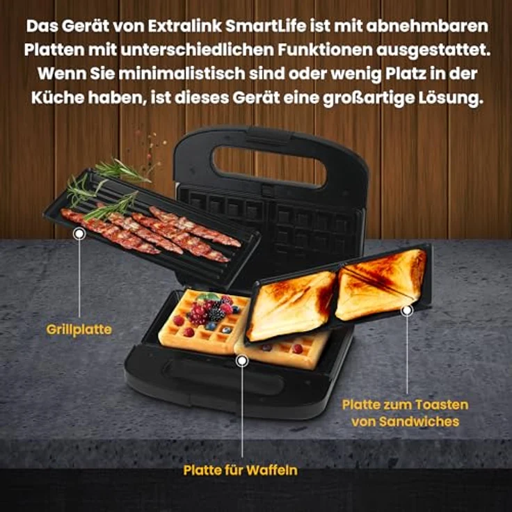 EXTRALINK Sandwichmaker 3 in 1 Toaster, Grill und Waffeleisen mit austauschbaren Platten, 1000W Kontaktgrill, Antihaftbeschichtung, einfacher Reinigung, Schwarz – Bild 4