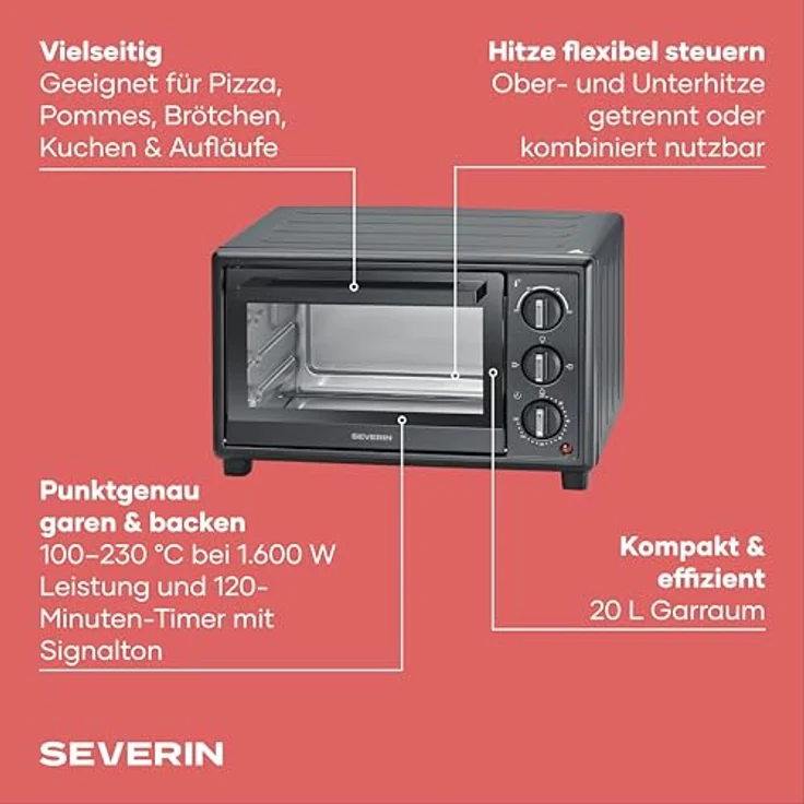 Severin TO 2078, Back- und Toastofen mit 20L, 230°C, 120Min. Timer, Ober- und Unterhitze, 1600W, schwarz – Bild 2