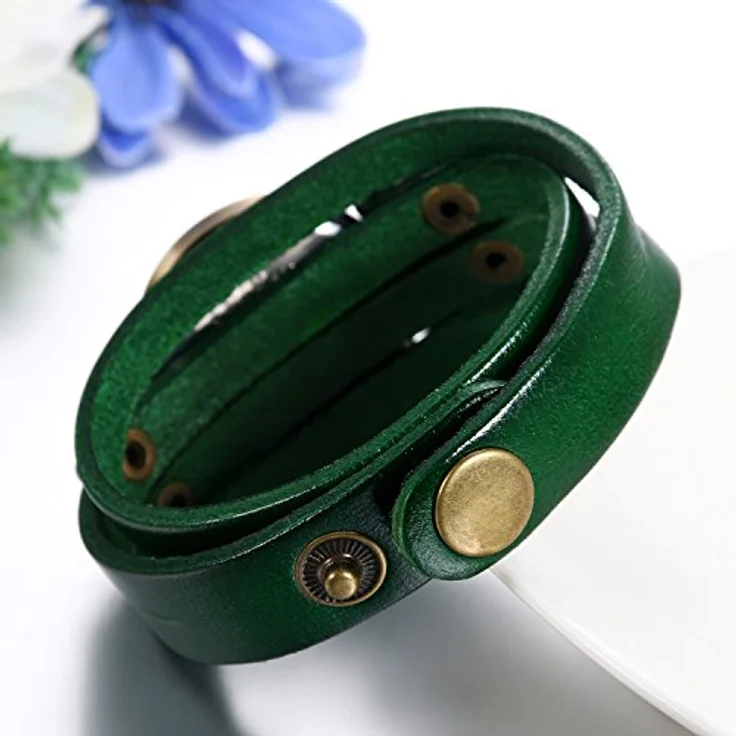 JewelryWe Herren Damen Armbanduhr, Grünes Leder Wickelarmband, Casual Retro, Analog Quarzwerk, Vintage Digital Zifferblatt – Bild 5