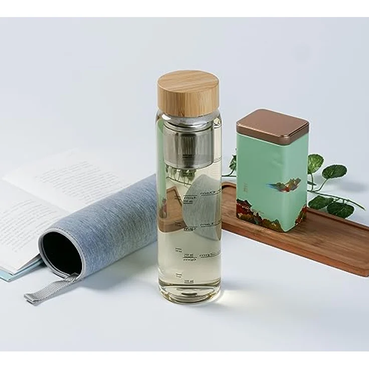 Penelife Teeflasche mit Sieb to go 1l - Glasflasche 1 Liter mit Edelstahl Sieb - Teeflasche 1l aus Borosilikatglas mit drehbarem Bambus Deckel und Neopren Schutzhülle - Grau – Bild 5