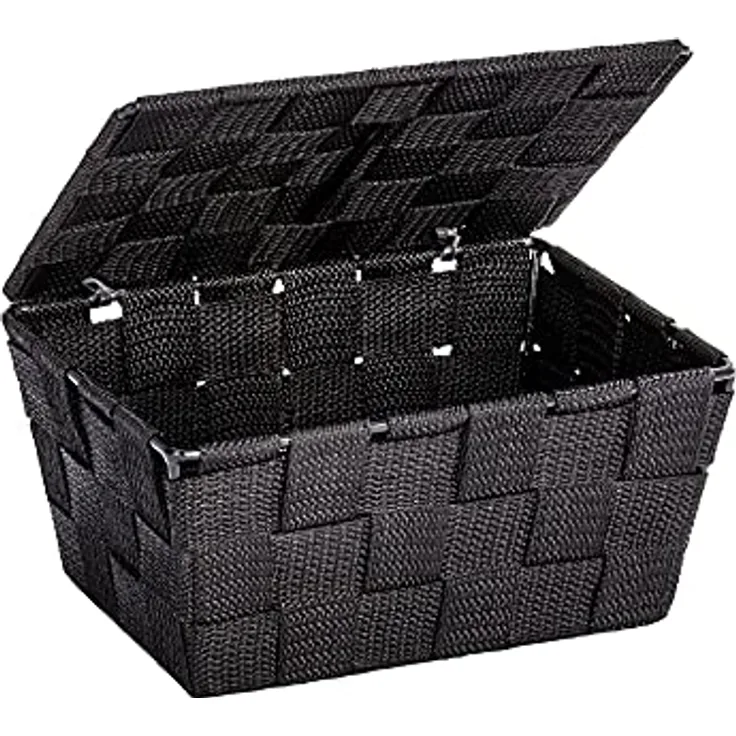 WENKO Aufbewahrungskorb mit Deckel Adria Schwarz - Badkorb, Polypropylen, 19 x 10 x 14 cm, Schwarz