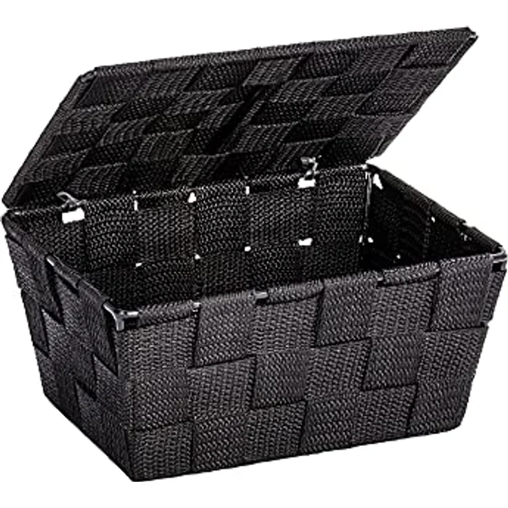 WENKO Aufbewahrungskorb mit Deckel Adria Schwarz - Badkorb, Polypropylen, 19 x 10 x 14 cm, Schwarz – Bild 1