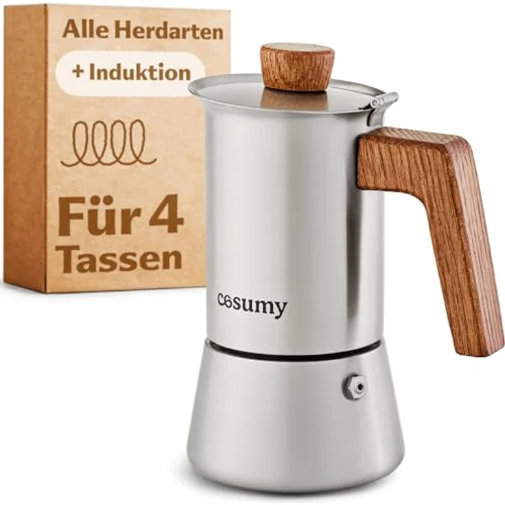 Cosumy Espressokocher, Induktionsgeeignet, FSC-zertifiziertes Eichenholz, 200 ml Fassungsvermögen – Bild 1