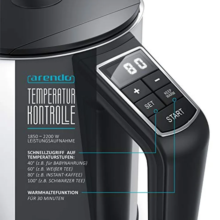 Arendo Edelstahl Wasserkocher mit Temperatureinstellung 40-100 Grad in 5er Schritten - Doppelwand Design - Modell ELEGANT - 1,5 Liter - 2200 W - Teekocher mit Temperaturanzeige - GS - weiß matt – Bild 3