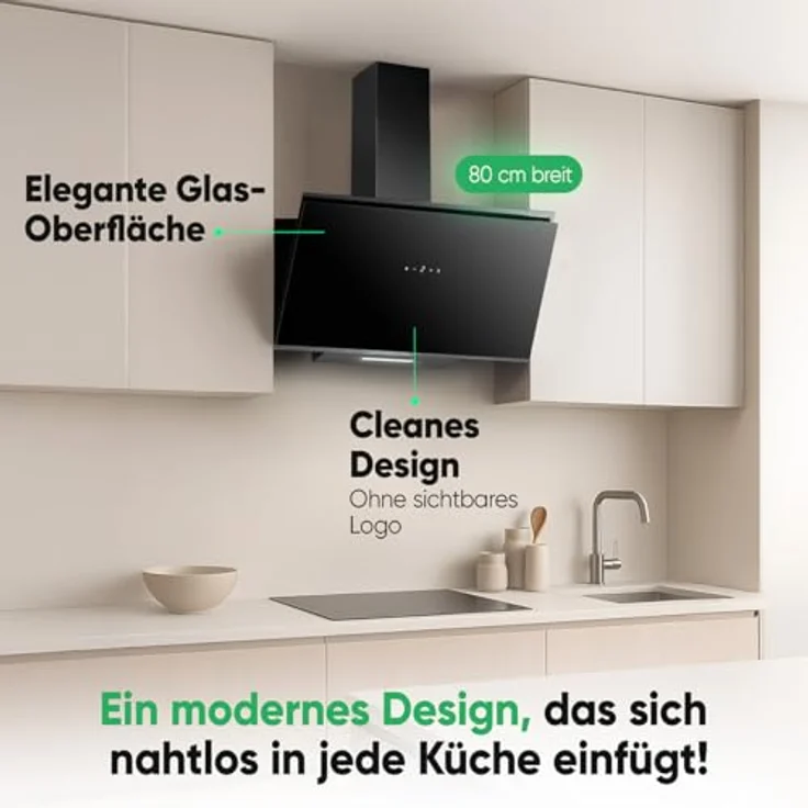 Bomann® Dunstabzugshaube DU 7612, 80 cm breite Kopffreihaube, Umluft- und Abluftbetrieb, 520 m³/h, inklusive Montage-Material, schwarze Oberfläche, 3 Leistungsstufen – Bild 2