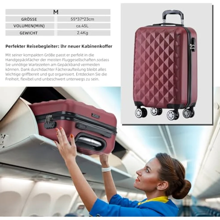 BEIBYE Trolley Koffer Reisekofferset, Hartschale mit Dehnungsfuge, 4 Zwillingsrollen, integriertes Sicherheits-Zahlenschloss, Handgepäck und Reisetasche, Wein Rot – Bild 3