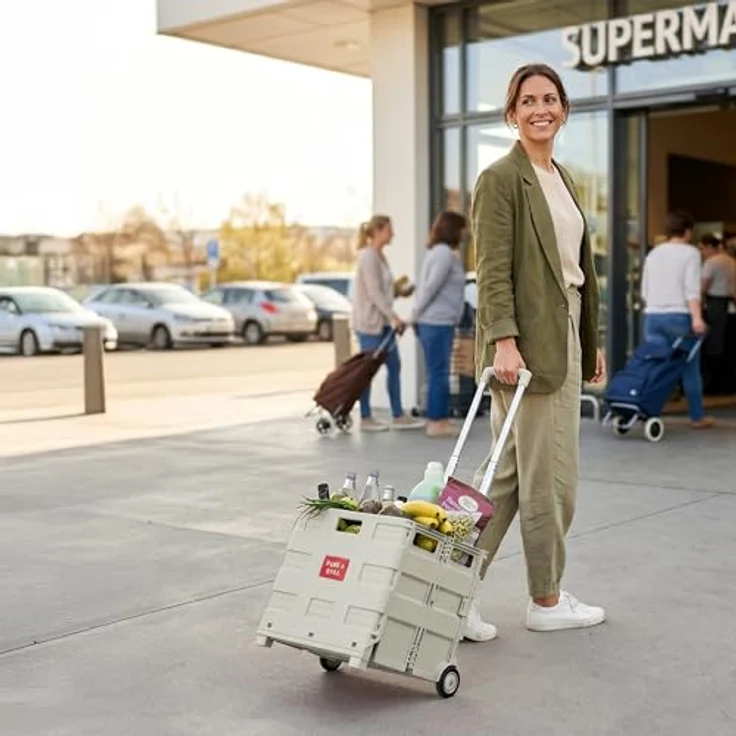 Relaxdays Einkaufstrolley, zusammenklappbar, Einkaufswagen mit Rollen, beige, hohe Traglast bis 35 kg, Teleskopgriff – Bild 2