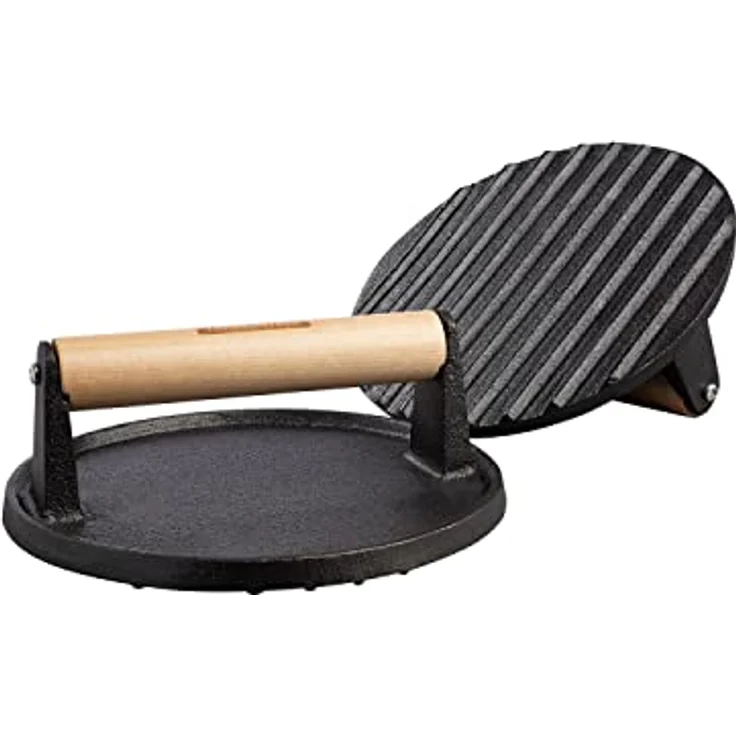 Tramontina Black Gusseisen Grillpresse, rund, für BBQ und Smash Burger, Ø 17 cm, mit ergonomischem Holzgriff, vorgebrannt – Bild 1