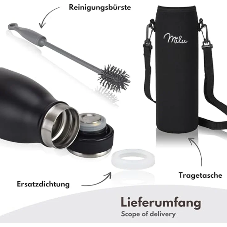 Milu Thermoflasche 500ml, doppelwandige Edelstahl Trinkflasche, auslaufsicher und kohlensäuregeeignet, schwarz – Bild 5