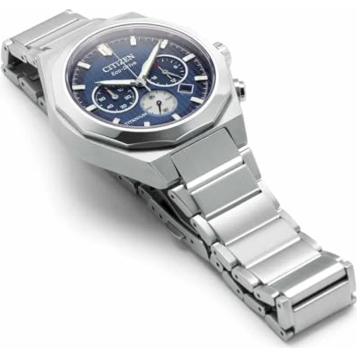 Citizen CA4691-59L Zenshin Senkei Eco-Drive Solar Super Titanium Chronograph, silberfarbenes Gehäuse, blaues Zifferblatt, Gliederband, 10 ATM Wasserdichtigkeit – Bild 3