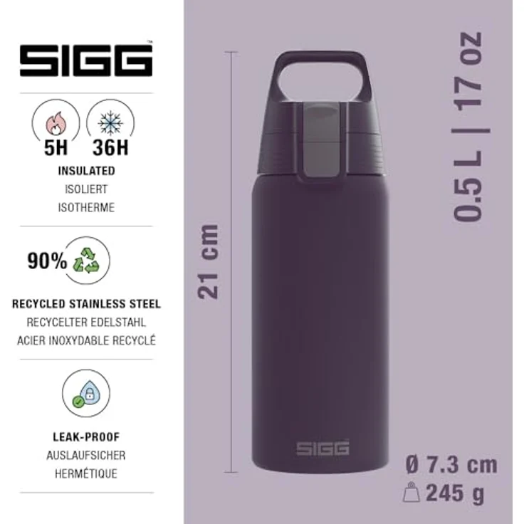 SIGG Shield Therm One Nocturne, isolierte Trinkflasche aus 90% recyceltem Edelstahl, dunkelviolett, 0,5L, kohlensäurehaltig, auslaufsicher, BPA-frei, spülmaschinenfest – Bild 2
