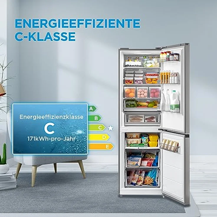 Midea MERB345MGC02 Kühl-/Gefrierkombination/No Frost/185 cm hoch / 59,5 cm breit /70 cm tiefe/171 kWh/Jahr/216 L Kühlteil/ 122 L Gefrierteil/Twin Control/mit Chiller Box, Front Inox – Bild 2