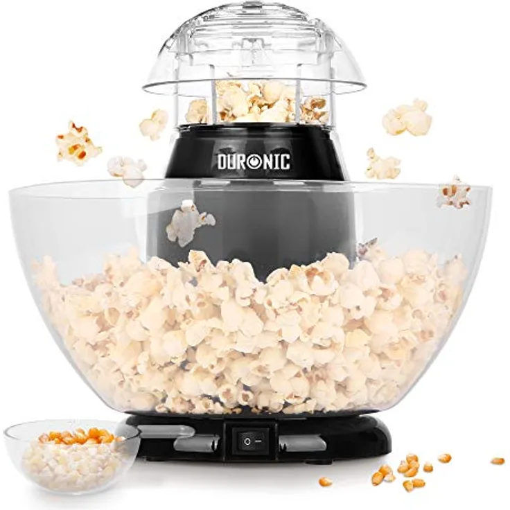 Duronic POP50 BK Popcornmaschine | Heißluft ohne Fett & Öl | 1200 Watt | inkl. Messbecher | für 50 Gramm Mais | abnehmbare Schüssel | Ölfreies Popcorn | Kalorienarm | Schwarz