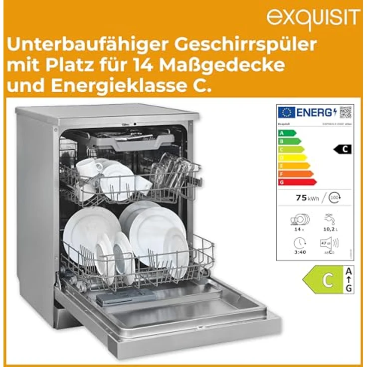 Exquisit GSP56314-030C PRO Geschirrspüler, 60 cm, unterbaufähig, 14 Maßgedecke, EEK C, automatische Türöffnung, 11 Liter, silber – Bild 2