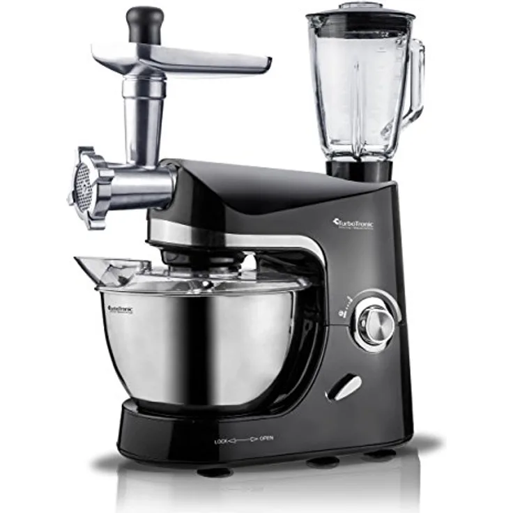 TurboTronic by Z-Line ProMix+ TT-007 Küchenmaschine, 2000 W mit 5 l Edelstahl-Rührschüssel, Fleischwolf & 1,5 l Glasmixer-Aufsatz, variabel einstellbar