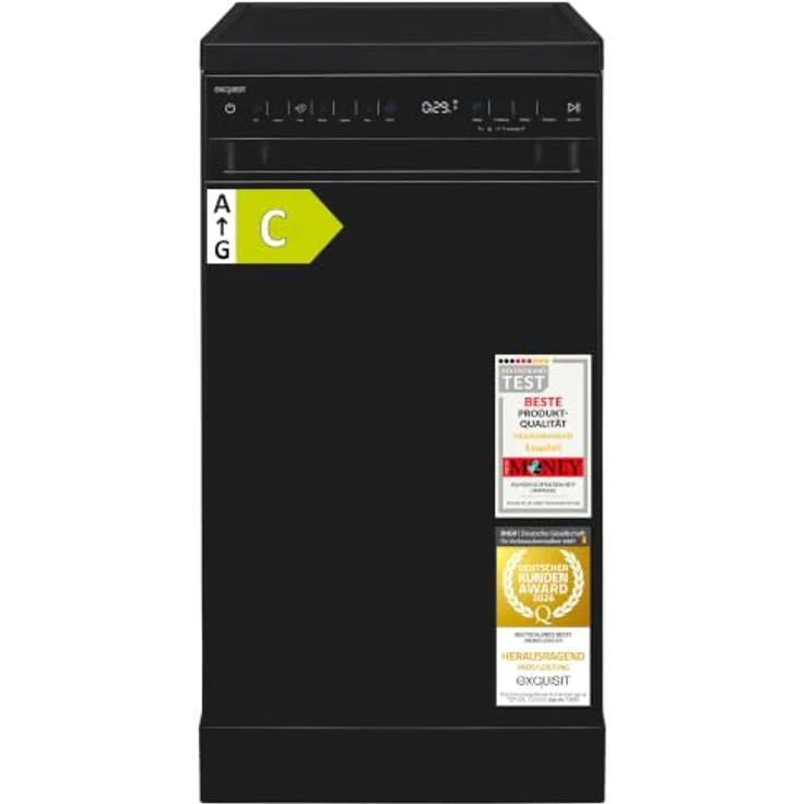Exquisit GSP59311-450C, Geschirrspüler mit 11 Maßgedecken, Energieklasse C, 7 Spülprogrammen, Aquastop, Besteckschublade, unterbaufähig, Startzeitvorwahl, Schwarz – Bild 1