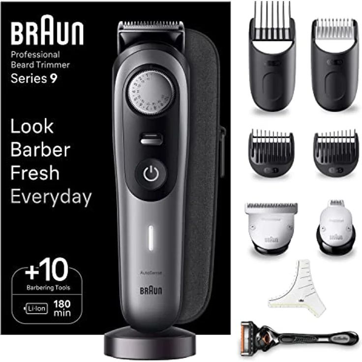 Braun Barttrimmer BT9420, Trimmer/Haarschneider Herren, Haarschneidemaschine Profi, 40 Einstellungen, Ladestation, Reiseetui, Bartschablone, 180 Min. kabellose Laufzeit, wasserdicht