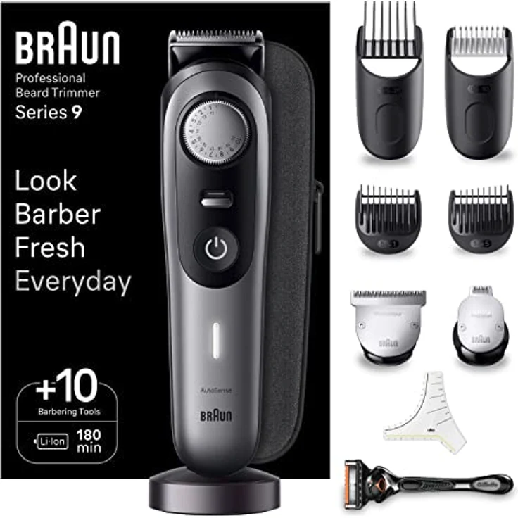 Braun Barttrimmer BT9420, Trimmer/Haarschneider Herren, Haarschneidemaschine Profi, 40 Einstellungen, Ladestation, Reiseetui, Bartschablone, 180 Min. kabellose Laufzeit, wasserdicht – Bild 1