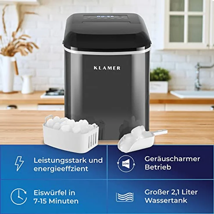 KLAMER Eiswürfelmaschine (2023), 10 Eiswürfel in 7-9 Minuten, 15 kg Eiswürfel pro Tag, 2 Eiswürfelgrößen, 2,1 L Wassertank, 120 W Ice Maker mit Timer, Leiser Eiswürfelbereiter mit Eisschaufel – Bild 2