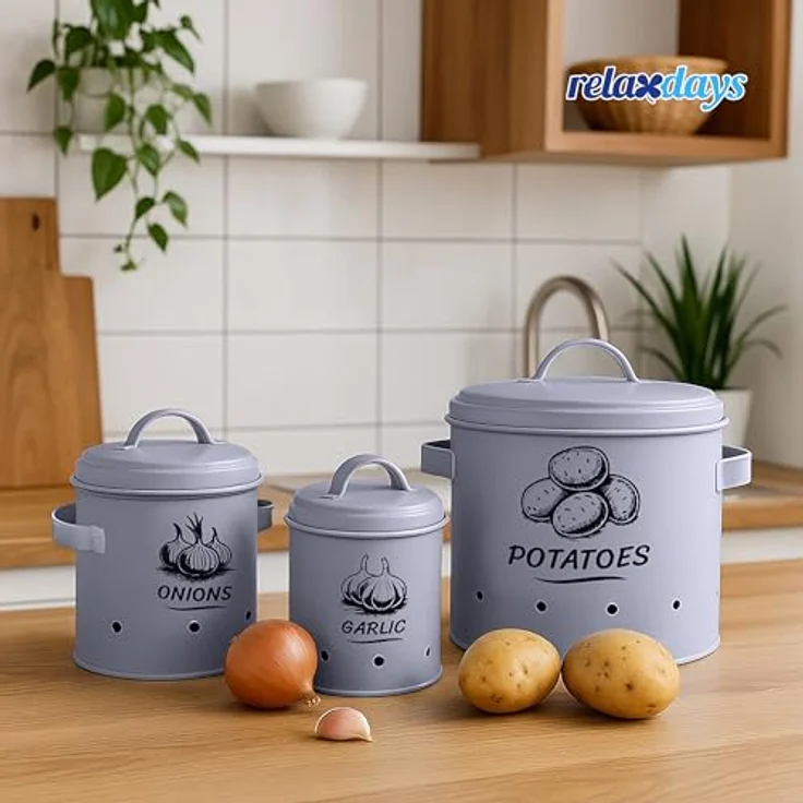 relaxdays Vorratsdose Kartoffel Aufbewahrungsbox 3er Set, Stahl, grau, mit optimalen Lagerbedingungen für Kartoffeln, Zwiebeln und Knoblauch, belüftet – Bild 2