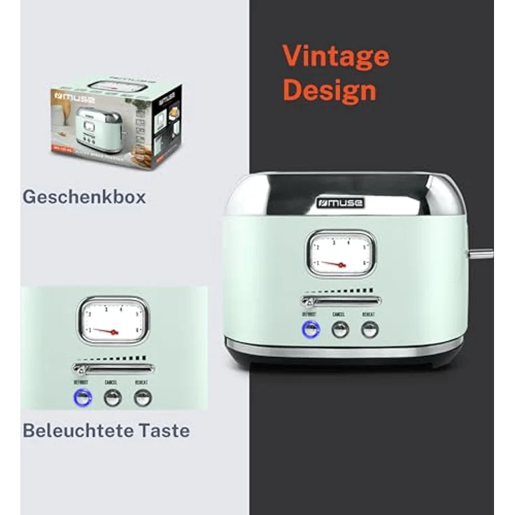Muse Retro Toaster, 2 Schlitze, 6 Bräunungsstufen, analoge Anzeige, beleuchtete Tasten, Krümelschublade, pastell grün – Bild 4