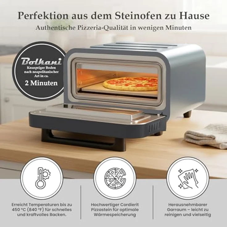 BOLKANI Elektrischer Pizzaofen, 1700W mit Pizzastein und Pizzaschieber, 450°C für knusprige Pizza in 2 Minuten, Timer und Innenbeleuchtung – Bild 5