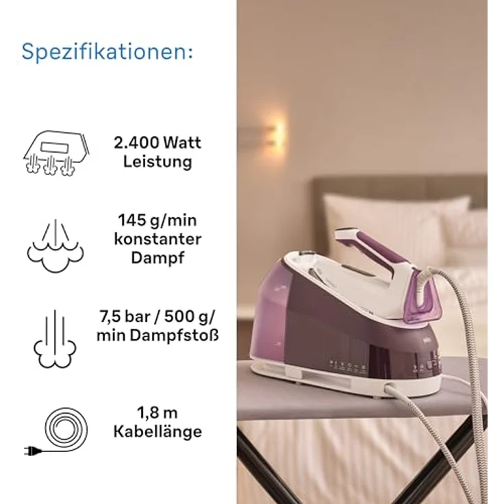 Braun CareStyle 5 IS5247VI Dampfbügeleisen mit FreeGlide-Technologie 3D, 145 g/min Dampf, schnelles Aufheizen, iCare-Modus, vertikales Bügeln, abnehmbarer 2-L-Tank, 2400 W, Violett – Bild 4