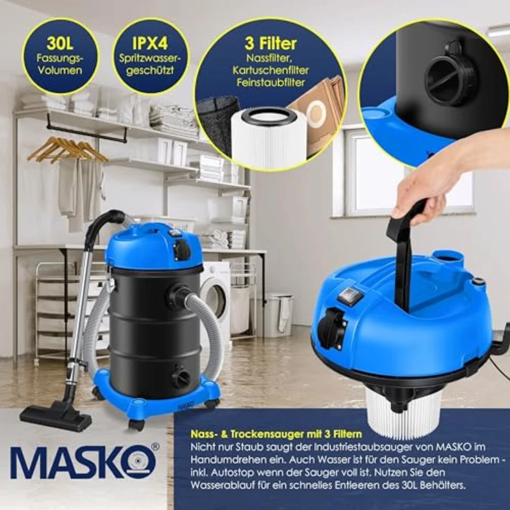 MASKO 6IN1 Industriestaubsauger Staubsauger Nass Trocken Sauger Aschesauger 2300W + Steckdose   Blasfunktion   Trocken-Saugen & Nass-Saugen   Industrie-Sauger mit & ohne Beutel   beutellos Blau – Bild 6
