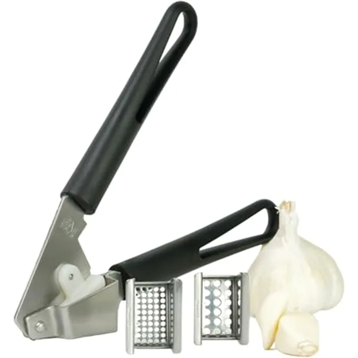 Thiru Premium Knoblauchpresse - 2 Edelstahl Einsätze für feines & grobes Knoblauchhack - Ideal für Ingwer, Zwiebeln & Kapern - Kein Schälen notwendig - inkl. E-Book mit 25 Rezepten - Made in Germany