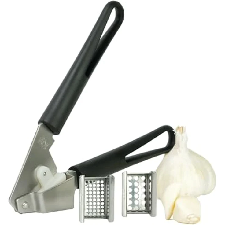 Thiru Premium Knoblauchpresse - 2 Edelstahl Einsätze für feines & grobes Knoblauchhack - Ideal für Ingwer, Zwiebeln & Kapern - Kein Schälen notwendig - inkl. E-Book mit 25 Rezepten - Made in Germany – Bild 1