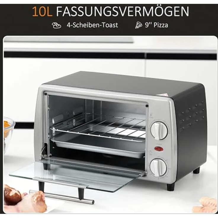 HOMCOM Mini Backofen 10 Liter 750W Silber, Einstellbare Temperatur bis 230 ℃, Timer 60 Minuten, kompaktes Design – Bild 3