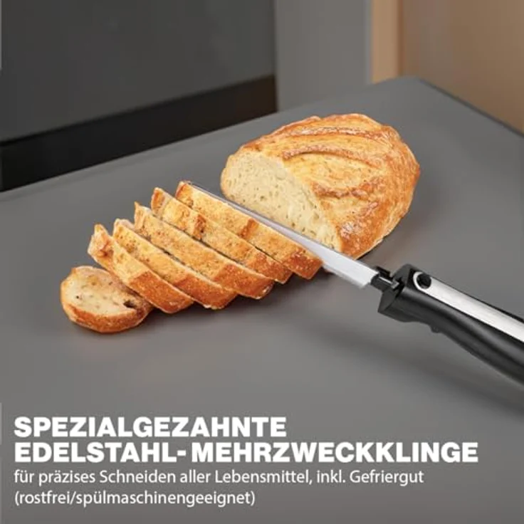 Clatronic EM 3702 Elektromesser, Edelstahleinlage, Spezialgezahnte Edelstahl-Mehrzweckklinge, rostfrei-spülmaschinengeeignet, inkl. Aufbewahrungsbox, schwarz, 49 cm – Bild 3