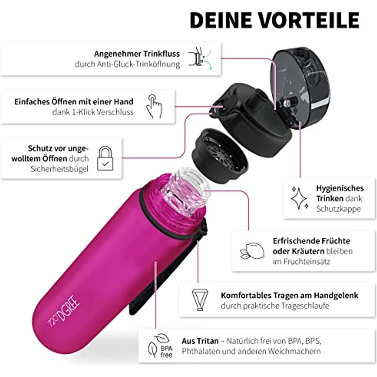 Trinkflasche Wasserflasche Fruchteinsatz 1L - BPA-Frei uberBottle 720 DGREE fuchsia pink – Bild 2