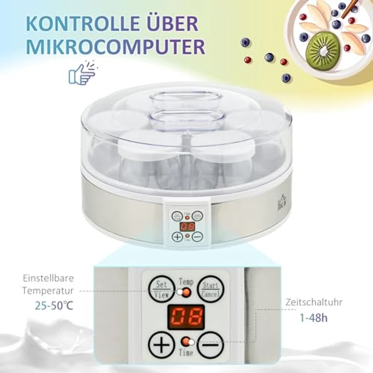HOMCOM Joghurtbereiter, Joghurtmaschine mit Timer und Temperatur-Einstellung, 7 Glasbehälter je 180 ml, automatische Abschaltung, 20 W, Weiß – Bild 5