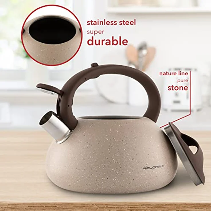 FLORINA Wasserkessel (2,5 l) I Edelstahl Teekessel LAVA I Flötenkessel mit Silikongriff I Automatischer Pfiff I Wasserkocher für Induktionsherd, Gasherd und Elektroherd I Farbe: Beige – Bild 3