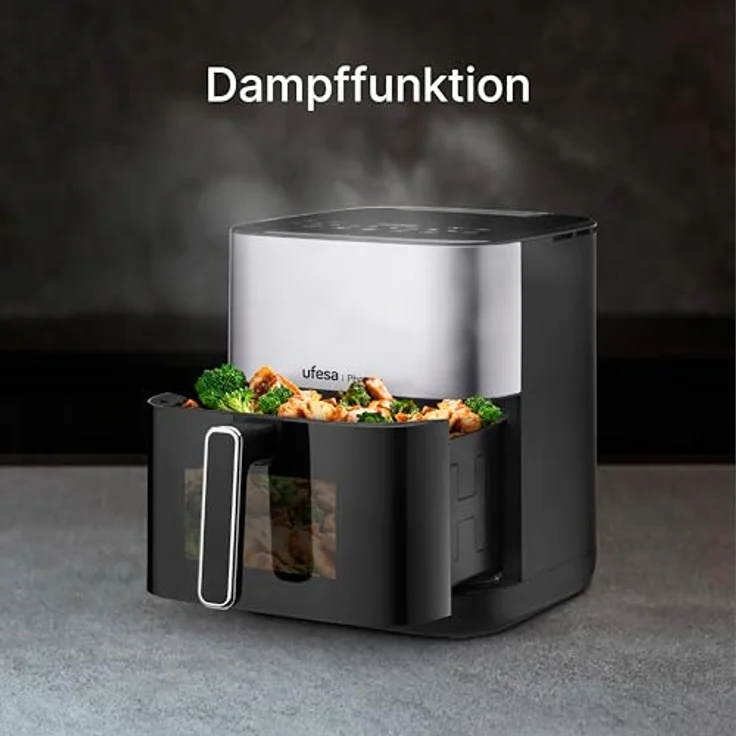 UFESA Phoenix, Heißluftfritteuse mit Dampffunktion, 6 L, 1800 W, 10 Programme, Fenster und Innenlicht, inkl. Rezeptbuch – Bild 2