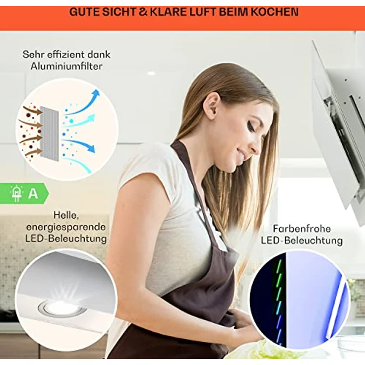 Klarstein Dunstabzugshaube, Dunstabzugshaube 90cm, Dunstabzugshaube Umluft/Abluft, Abzugshaube mit Fettfilter, Dunstabzug zur Wandmontage, Dunstabzugshauben mit LEDs, Kopffreihaube 601 m³/h Abluft – Bild 4