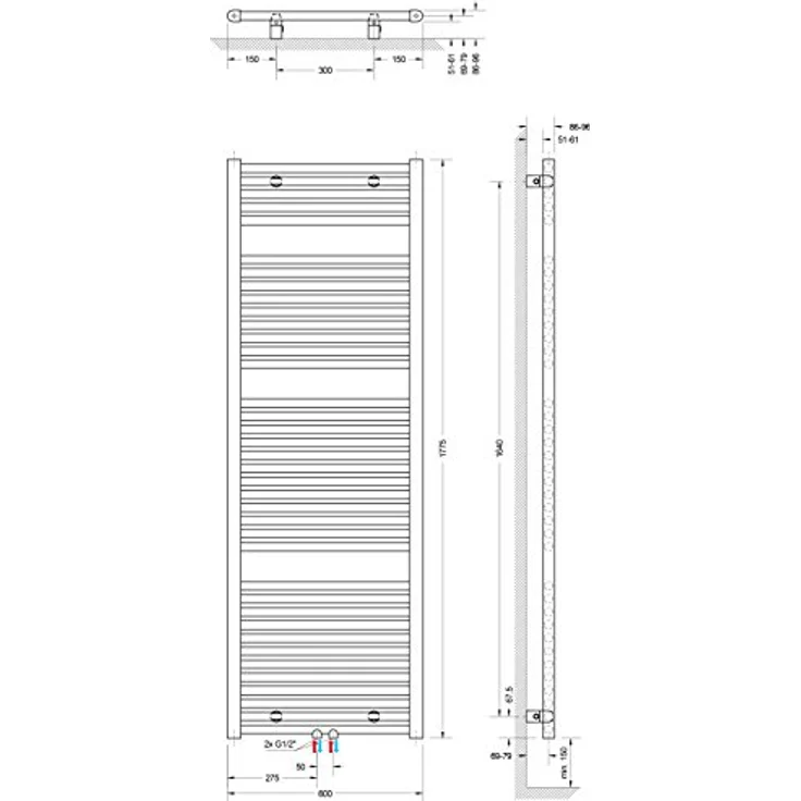 Schulte Badheizkörper München, 177 x 60 cm, 1129 Watt, Mittelanschluss, alpinweiß, Design-Heizkörper, EP18060-M 04 – Bild 3