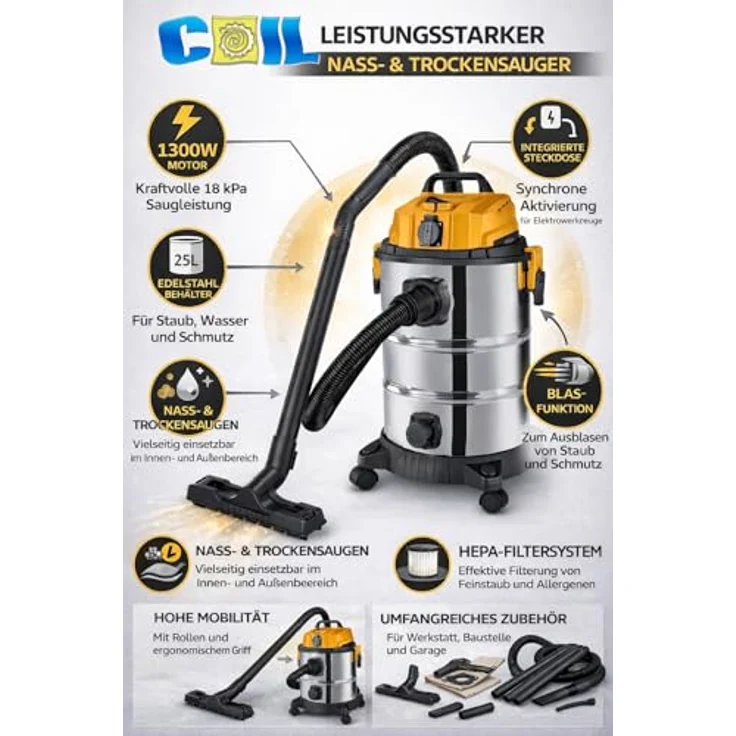 COIL Industriesauger Profi Nass- & Trockensauger, 1300 W, 25-Liter Edelstahlbehälter, mit HEPA-Filter, Steckdose & Blasfunktion, beutellos, 18 kPa Saugkraft – Bild 2