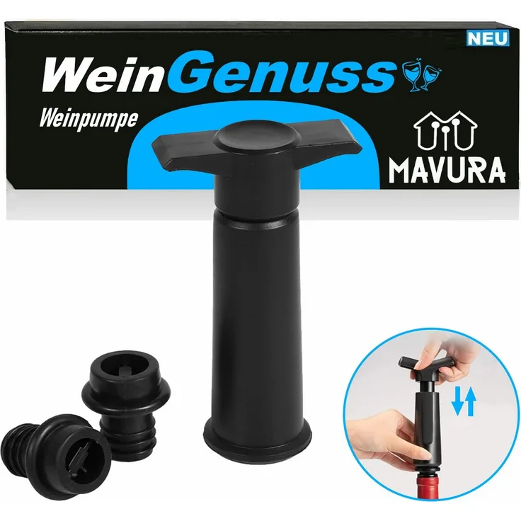 MAVURA WeinGenuss Vakuum Weinpumpe mit 2 Stopfen, wiederverwendbar, schwarz - hält Wein bis zu 10 Tage frisch