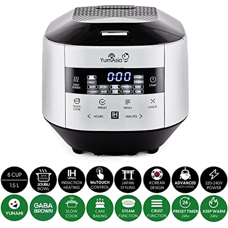 Yum Asia Bamboo Reiskocher mit Induktionsheizung (IH) und Keramikschale, (8 Tassen, 1,5 Liter), 7 Reiskochfunktionen, 4 Multikocherfunktionen, Motouch LED-Anzeige, 220-240V EU, Silbermetallic – Bild 2