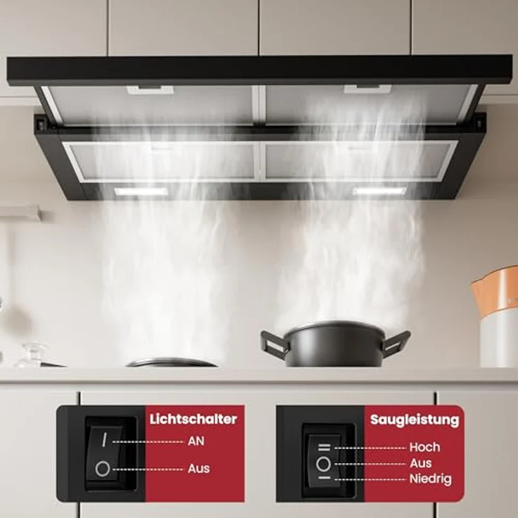LEVIVO A+++ Flachschirmhaube 90 cm, Einbau Dunstabzugshaube mit 400 m³/h, Umluft & Abluft, 2 Aktivkohlefilter, 4 Fettfilter, 2 Stufen, 2 LEDs, Edelstahl – Bild 3