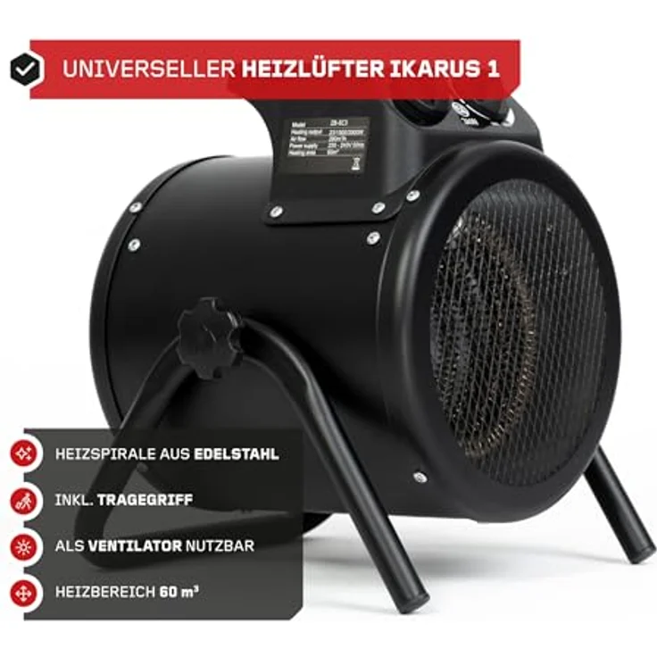 FEISTOS Heizlüfter Ikarus 3000 | 3000 W | 25x29x33 cm | Heizbereich 60 m³ | Heizstrahler zum leisen & effektivem Erwärmen der Umgebung | 3 Heizstufen + Kaltluftoption & Überhitzungsschutz – Bild 2