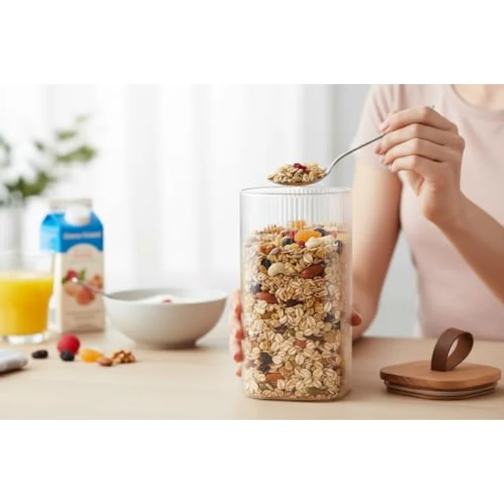 LS-LebenStil Vorratsdose aus Glas 1900ml, Luftdichter Vorratsbehälter mit Holzdeckel und Lederschlaufe, 28x10cm, ideal für Pasta und Müsli – Bild 7