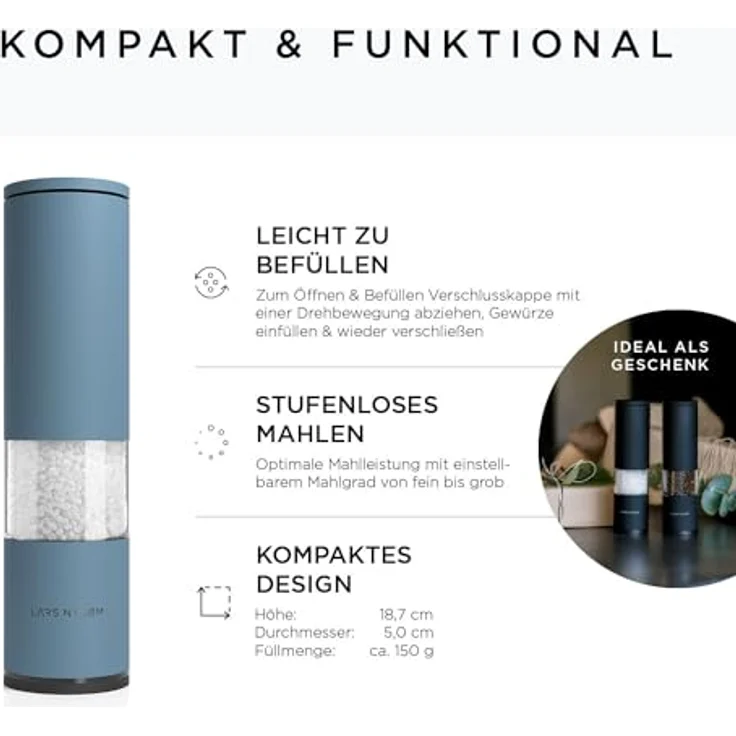 LARS NYSØM Salz und Pfeffer Mühle 2er Set Manuell mit einstellbarem Keramik-Mahlwerk von grob bis fein I Design Gewürzmühlenset (2 Stück) (Blue Stone) – Bild 4