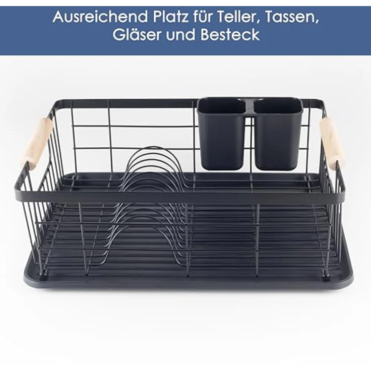 Hanseküche Abtropfgestell Schwarz Matt – Hochwertige Abtropfschale für Geschirr mit Griffen aus Holz – Geschirrständer aus Edelstahl für die Spüle - Preisvergleich – Bild 3