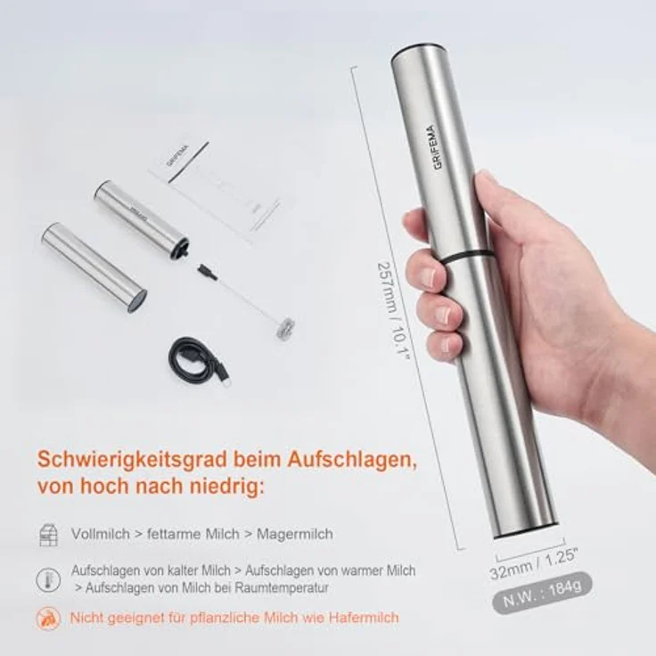 GRIFEMA Milchaufschäumer Elektrisch Aufladbar, Hand Milchmixer mit Edelstahlquirl, USB-C-Ladung, Ergonomischer Griff, Tragbar – Bild 5