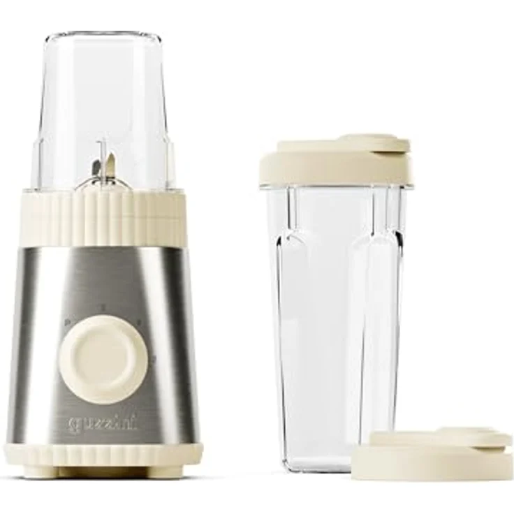 Guzzini Sous Chef, On-The-Go-Standmixer mit zwei luftdichten Bechern (600 ml und 300 ml), Doppelklinge aus Edelstahl, Pulse-Funktion, zwei Geschwindigkeiten, Bio-Basis (Cream) – Bild 1